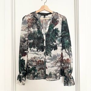 WHBM Women's Sheer Blouse Size M Green Nature Print Artsy Romantic Resortwear